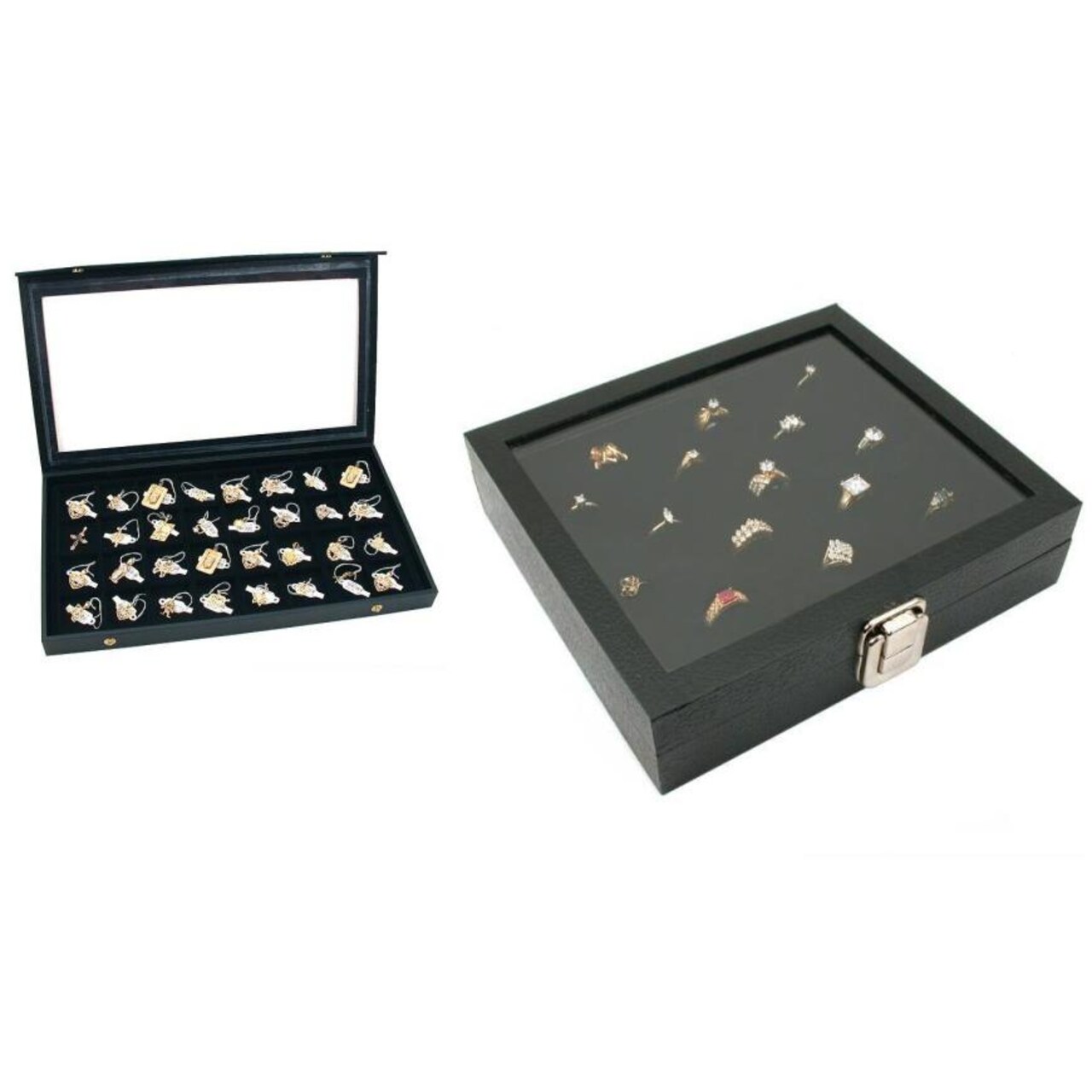 2 Glass Top Display Case (1) 32 Slot Flocked Display & (1) 36 Slot Ring Insert